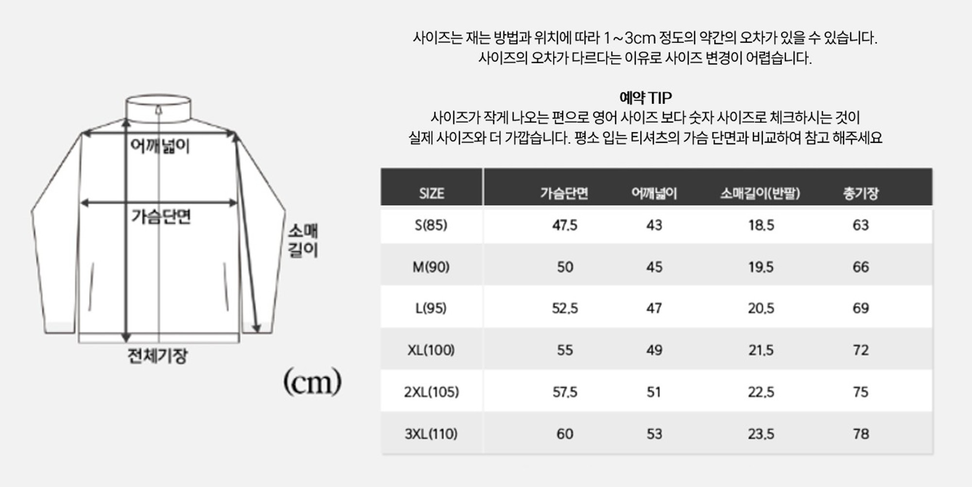 기념 티셔츠 상세 사이즈표